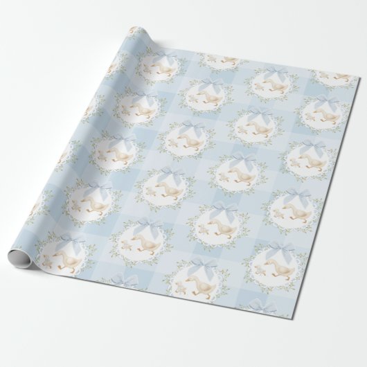 Silly Goose Blue Bow Whimsical Preppy Gingham Cadeaupapier (Uitgerold)
