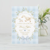 Silly Goose Blue Gingham Baby Boy Shower Kaart (Staand voorkant)