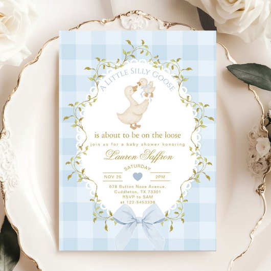 Silly Goose Blue Gingham Baby Boy Shower Kaart