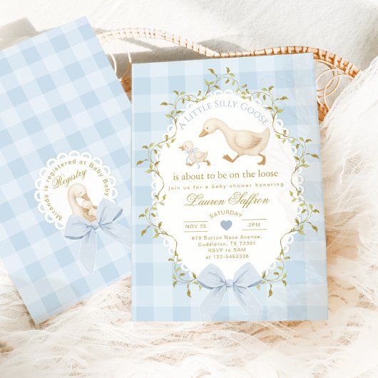 Silly Goose Blue Gingham Baby Boy Shower Kaart