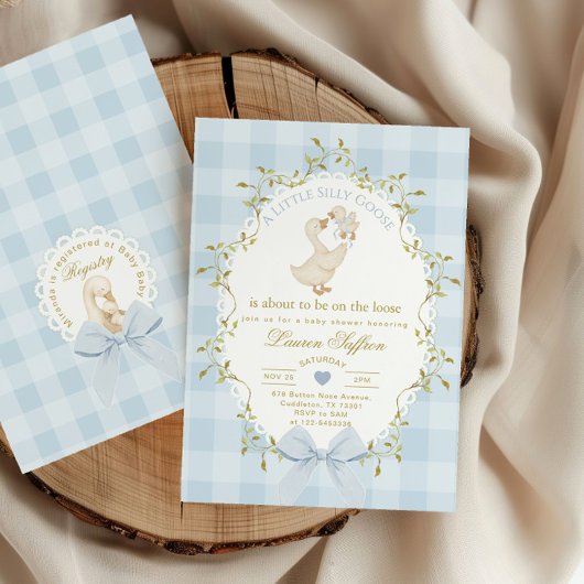 Silly Goose Blue Gingham Baby Boy Shower Kaart