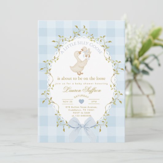 Silly Goose Blue Gingham Baby Boy Shower Kaart (Staand voorkant)
