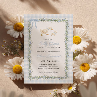 Silly Goose Blue Gingham Baby Shower Invitation Kaart