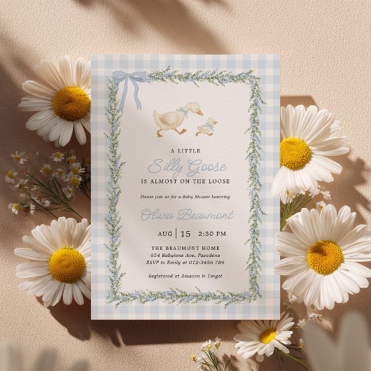 Silly Goose Blue Gingham Baby Shower Invitation Kaart