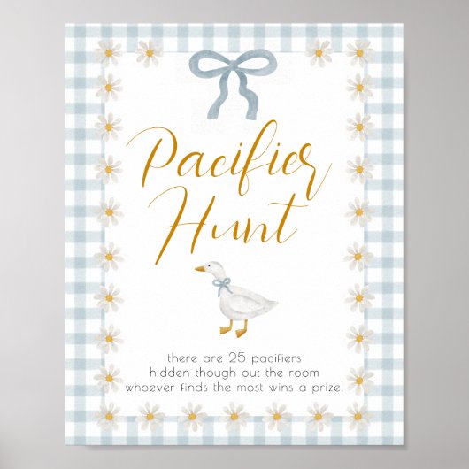 Silly Goose Blue Gingham Baby Shower Pacifier Hunt Poster (Voorkant)