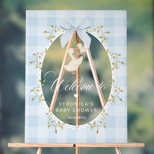 Silly Goose Blue Gingham Baby Shower Welcome Acryl Bord (Neutraal)