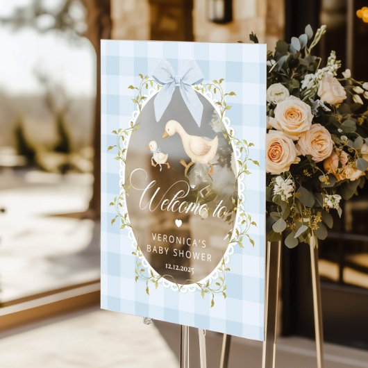 Silly Goose Blue Gingham Baby Shower Welcome Acryl Bord