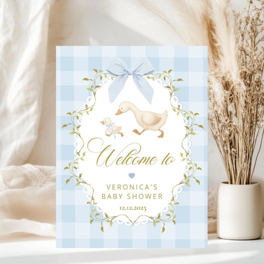 Silly Goose Blue Gingham Baby Shower Welcome Poster