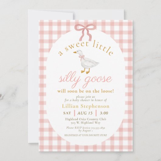 Silly Goose Blush Pink Bow Gingham Baby Shower  Kaart (Voorkant)