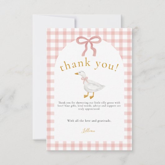 Silly Goose Blush Pink Gingham Baby Shower  Bedankkaart (Voorkant)