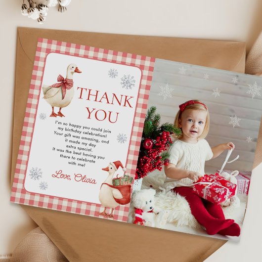 Silly Goose Christmas Gingham 1st Birthday Photo Bedankkaart