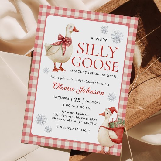 Silly Goose Christmas Gingham Baby Shower Kaart