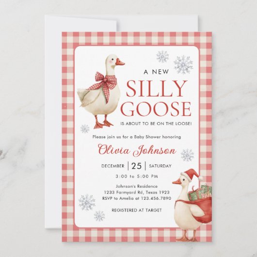 Silly Goose Christmas Gingham Baby Shower Kaart (Voorkant)