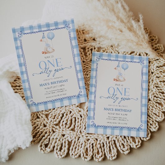 Silly Goose First Birthday Blue Gingham Boy Kaart