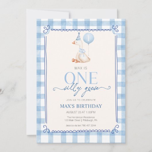 Silly Goose First Birthday Blue Gingham Boy  Kaart (Voorkant)