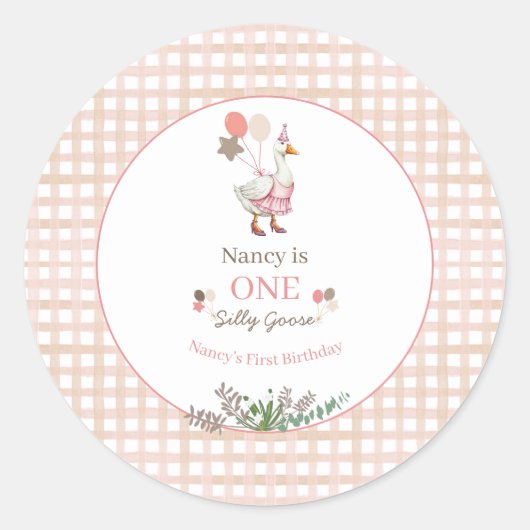 Silly Goose First Birthday Brown Ronde Sticker (Voorkant)