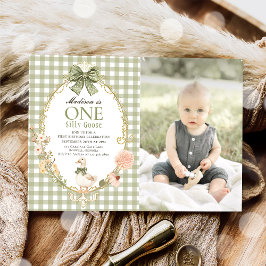 Silly Goose Floral Green Gingham 1st Birthday Kaart