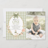 Silly Goose Floral Green Gingham 1st Birthday Kaart (Voorkant)