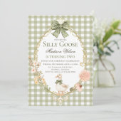 Silly Goose Floral Green Gingham Birthday Party Kaart (Staand voorkant)
