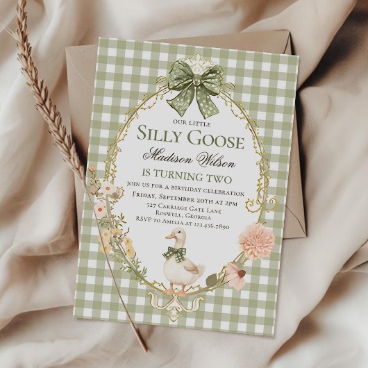 Silly Goose Floral Green Gingham Birthday Party Kaart