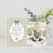 Silly Goose Floral Green Gingham Birthday Photo Kaart (Staand voorkant)