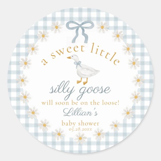 Silly Goose Flower Bow Baby Shower Blue Gingham  Ronde Sticker (Voorkant)