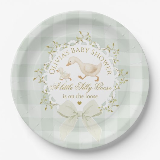 Silly Goose Gender neutral Sage Baby Shower Papieren Bordje (Voorkant)