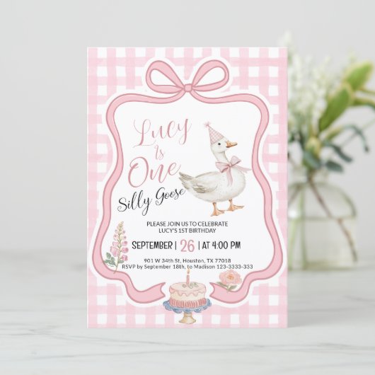 Silly Goose Girl 1st Birthday Invitation Kaart (Staand voorkant)
