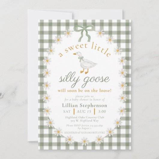 Silly Goose Green Bow Daisy Gingham Baby Shower Kaart (Voorkant)