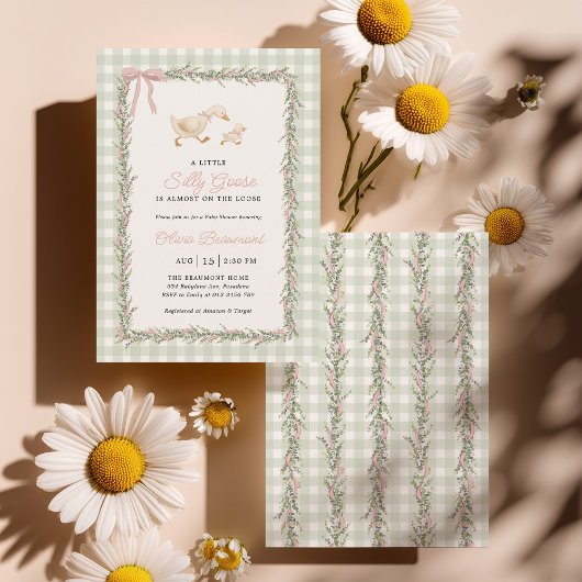 Silly Goose Green Gingham Pink Baby Shower Invite Kaart