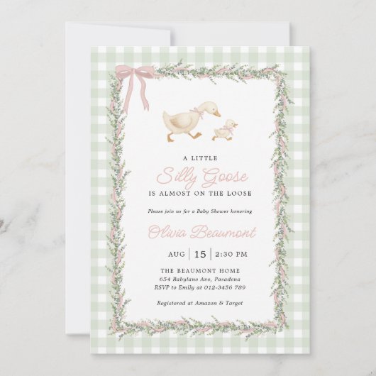 Silly Goose Green Gingham Pink Baby Shower Invite Kaart (Voorkant)