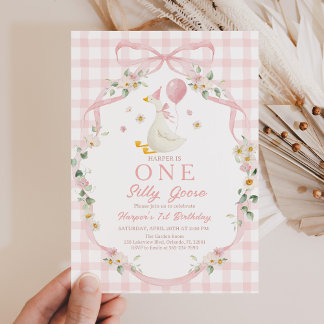 Silly Goose Invitation: 1st Birthday, Pink Floral  Kaart