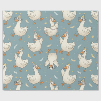 Silly Goose Party – Blue Background with Feathers Cadeaupapier