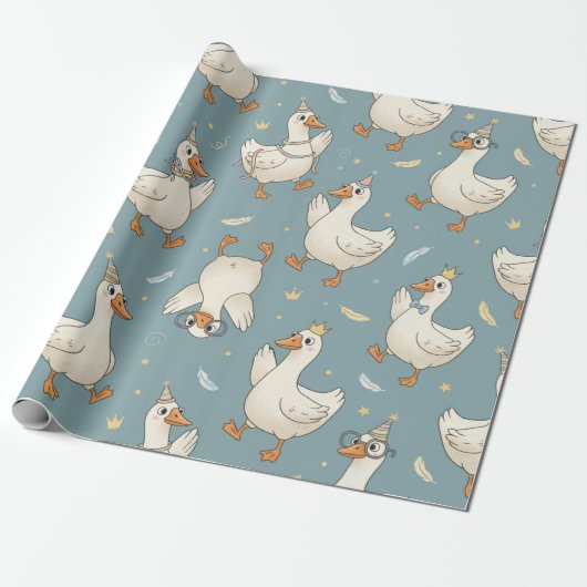 Silly Goose Party – Blue Background with Feathers Cadeaupapier (Uitgerold)