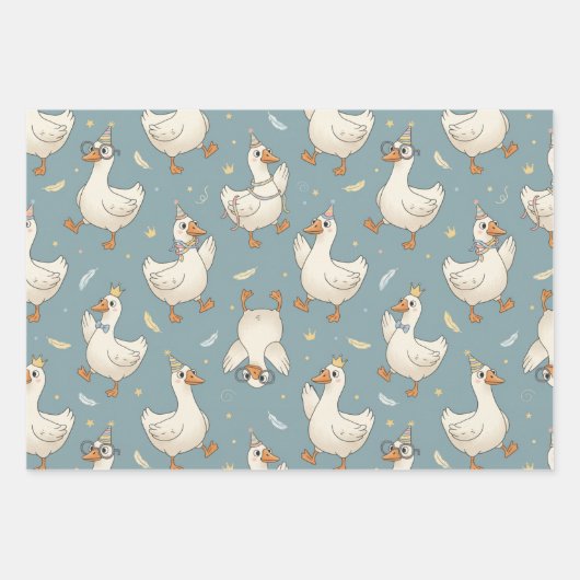 Silly Goose Party – Blue Background with Feathers Inpakpapier Vel (Voorkant 3)