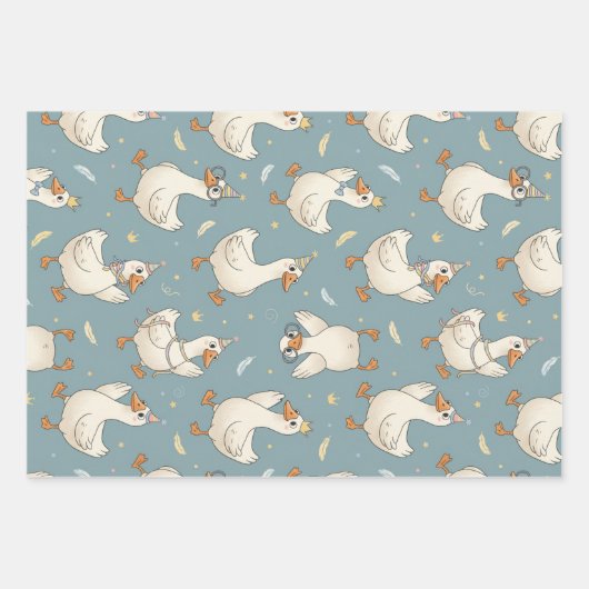 Silly Goose Party – Blue Background with Feathers Inpakpapier Vel (Voorkant 2)