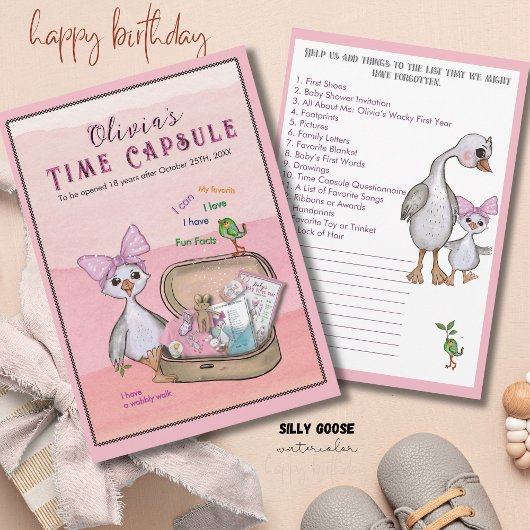 Silly Goose Pink Bow Birthday Time Capsule Game Kaart