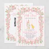  Silly Goose Pink Bow Floral QR Code Baby Shower  Kaart (Voorkant / Achterkant)