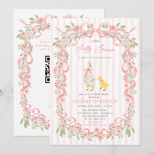  Silly Goose Pink Bow Floral QR Code Baby Shower  Kaart (Voorkant / Achterkant)