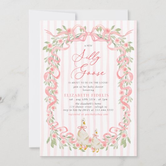  Silly Goose  Pink Bow Floral Roses Baby Shower Kaart (Voorkant)