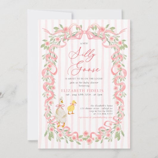  Silly Goose  Pink Bow Floral Roses Baby Shower Kaart (Voorkant)