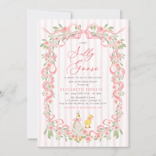  Silly Goose  Pink Bow Floral Roses Baby Shower Kaart (Voorkant)