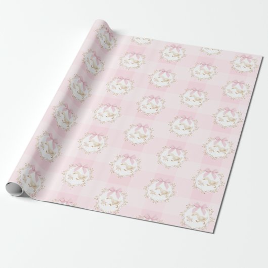 Silly Goose Pink Bow Whimsical Preppy Gingham Cadeaupapier (Uitgerold)