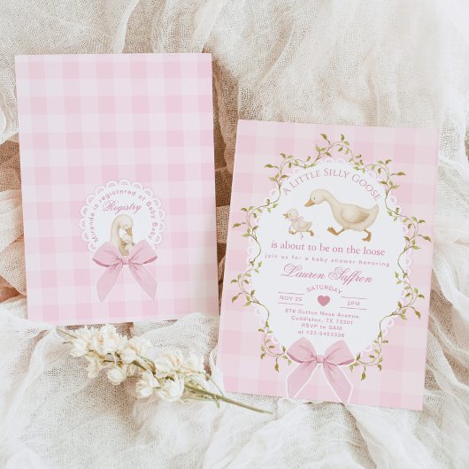 Silly Goose Pink Gingham Baby girl Shower Kaart