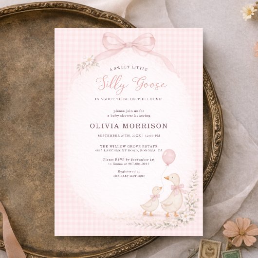 Silly Goose Pink Gingham Baby Shower Kaart