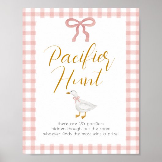 Silly Goose Pink Gingham Baby Shower Pacifier Hunt Poster (Voorkant)