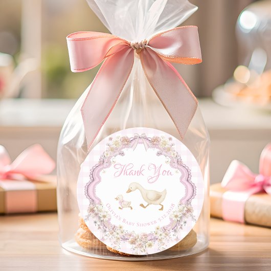 Silly Goose Pink Gingham Baby Shower Thank You Ronde Sticker