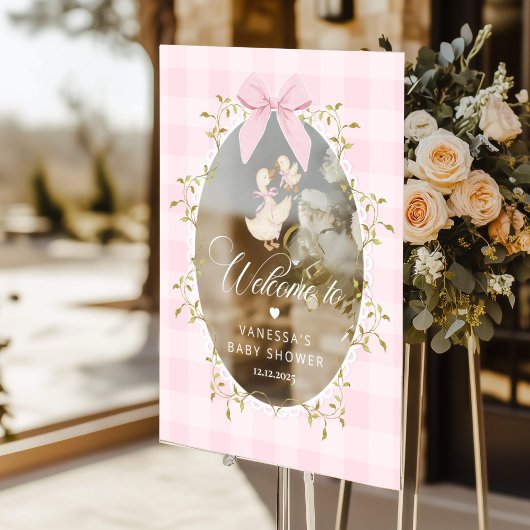 Silly Goose Pink Gingham Baby Shower Welcome Acryl Bord