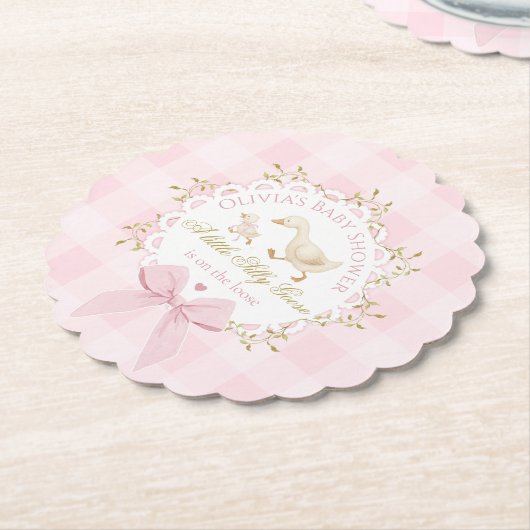 Silly Goose Pink Gingham Bow Baby Shower Kartonnen Onderzetters (Gekanteld)