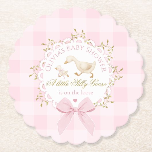 Silly Goose Pink Gingham Bow Baby Shower Kartonnen Onderzetters (Voorkant)